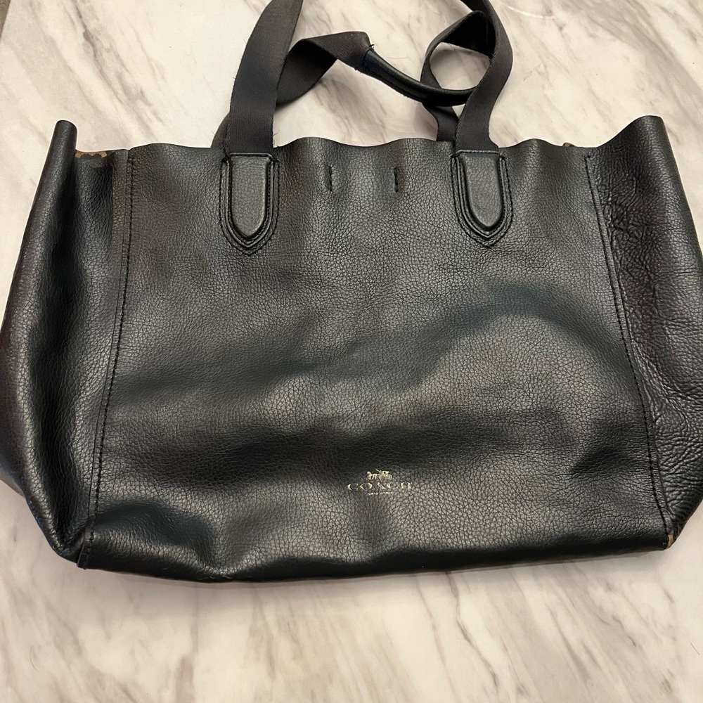 Coach Derby Tote/Black Leather Tote with Leopard Lining